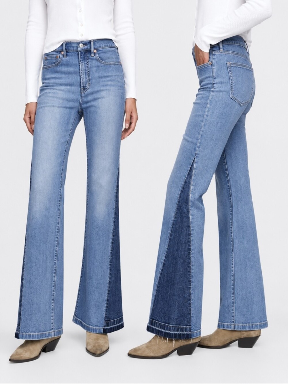 Gap High Rise Patched '70s Flare Jeans Women's Sz 30/10 Two Toned Retro Hippie